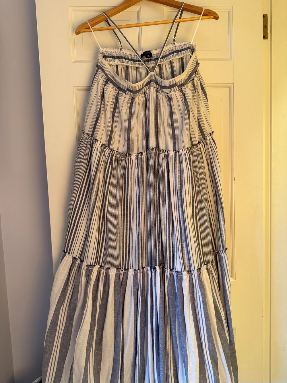 J. Crew Blue and White Striped Tiered Maxi Dress